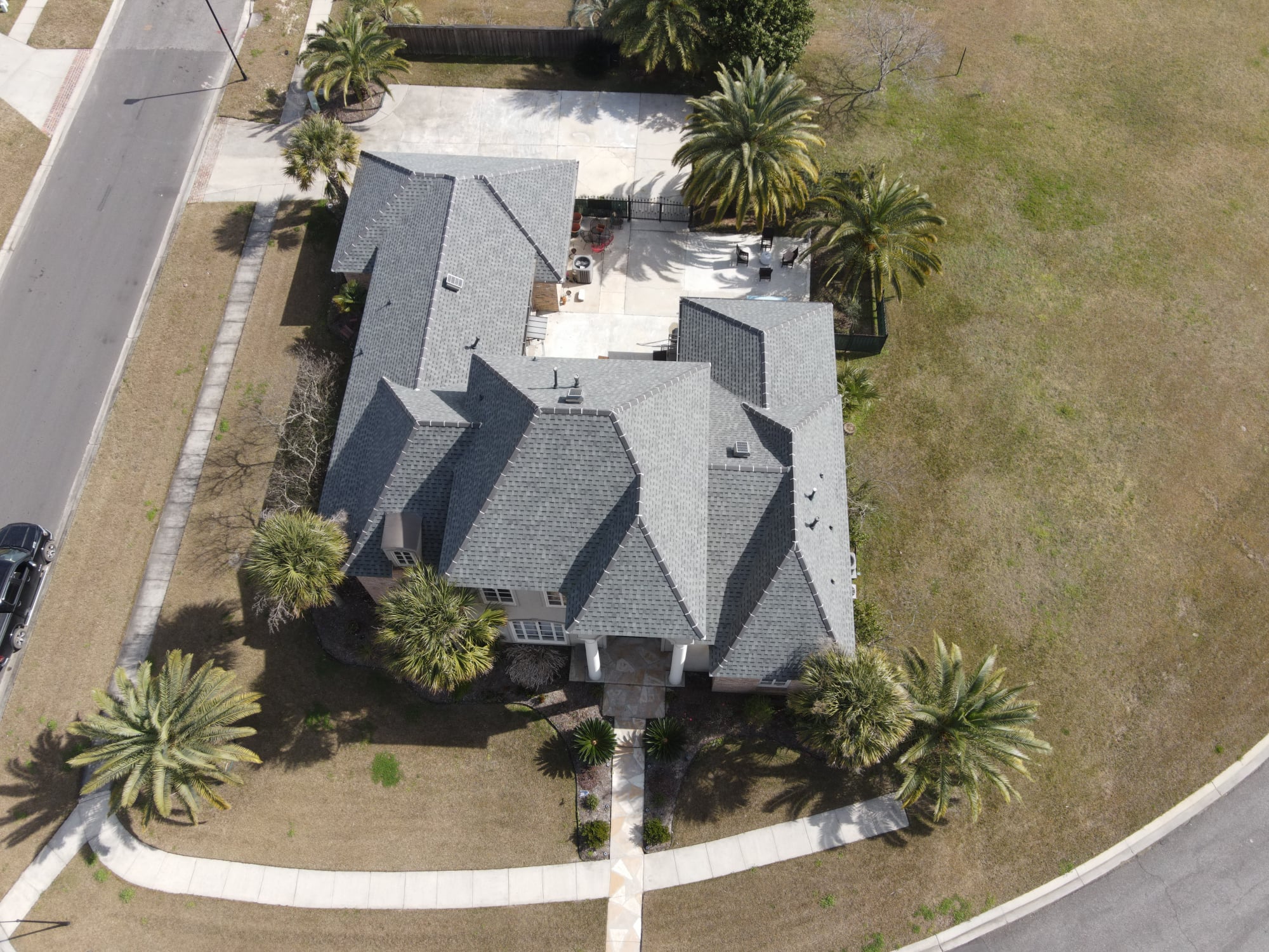 drone shot of new laplace la roofing finished job