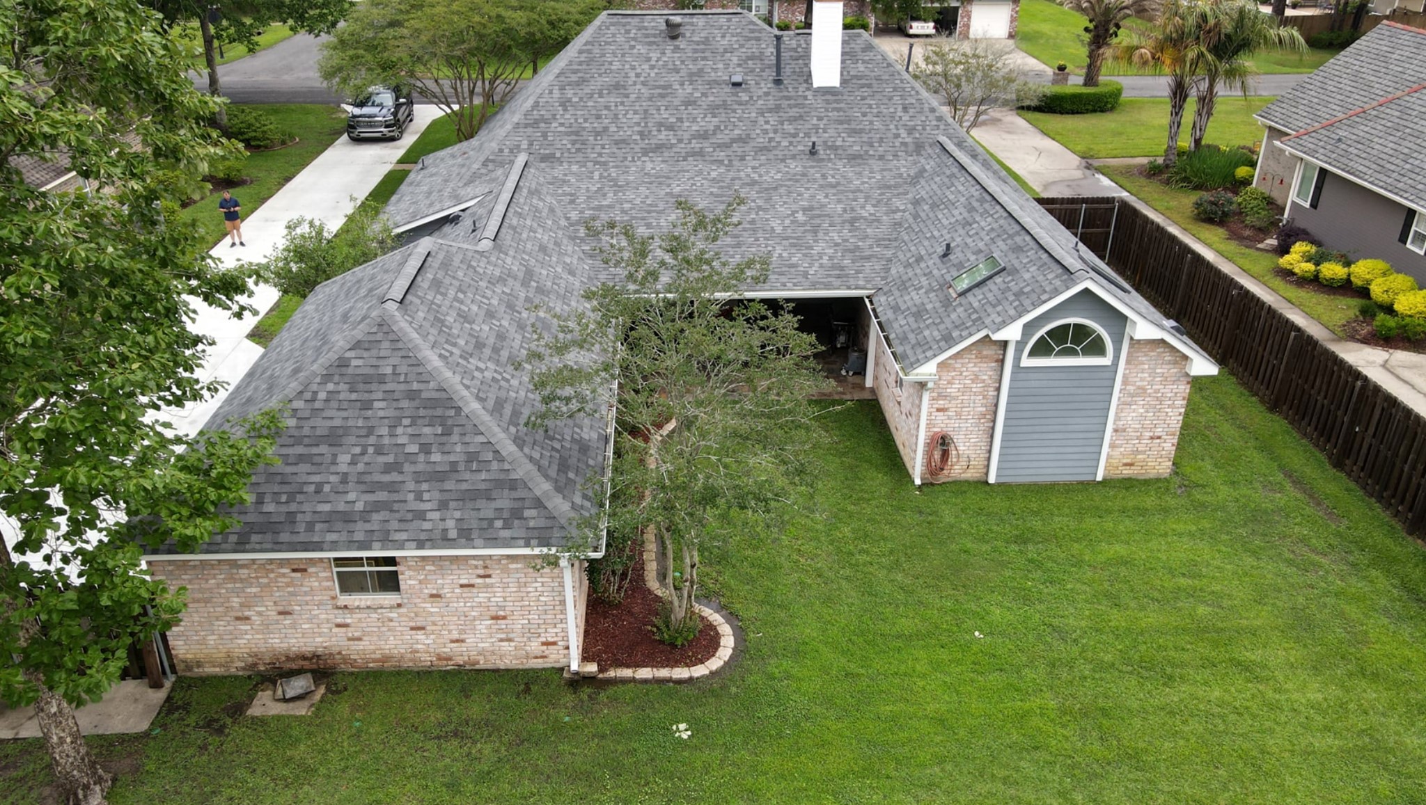 drone shot of new louisiana roofing finished job